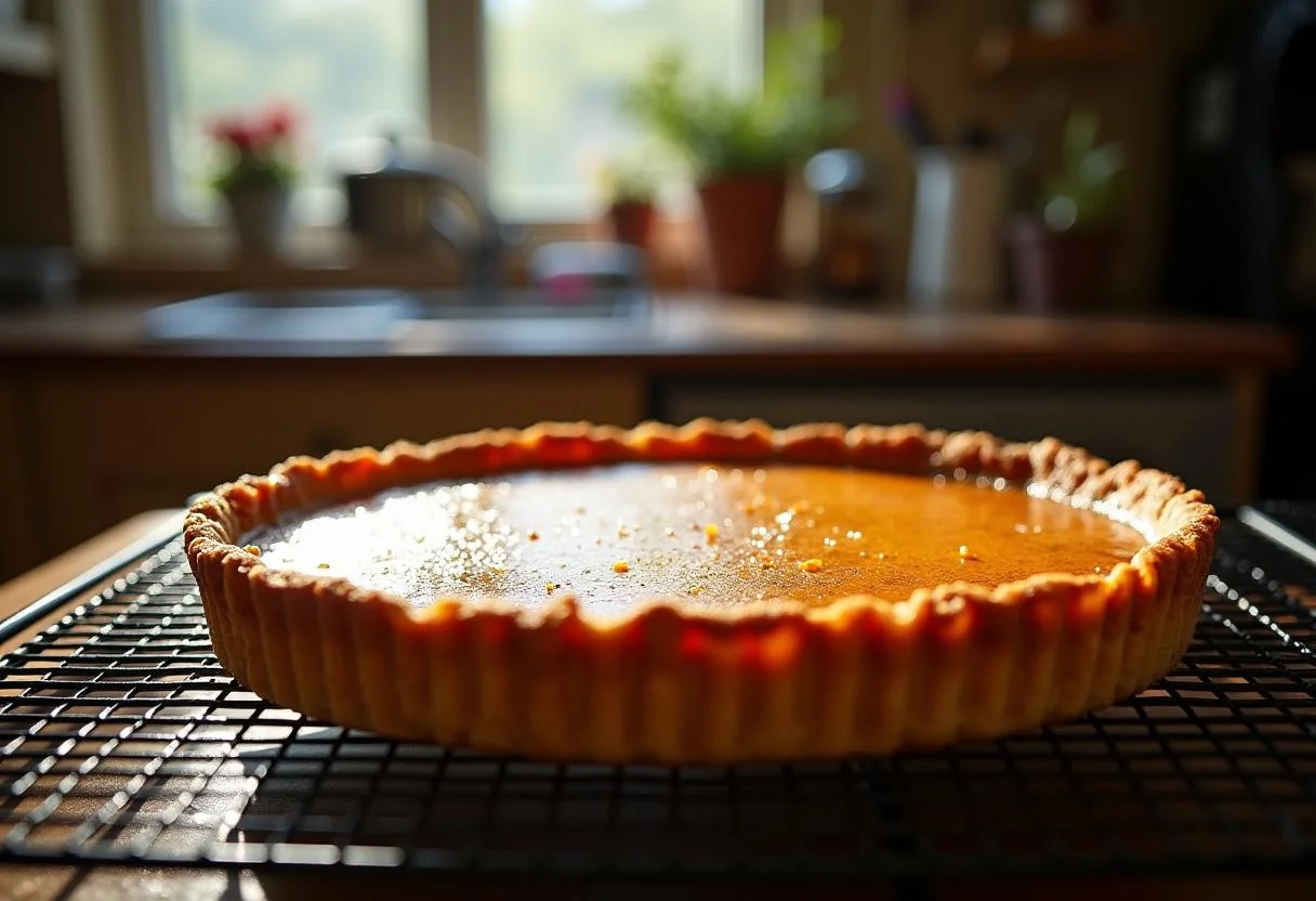 Baked Harry Potter Treacle Tart cooling on a rack, showcasing its golden color and deliciousness in a warm kitchen atmosphere.