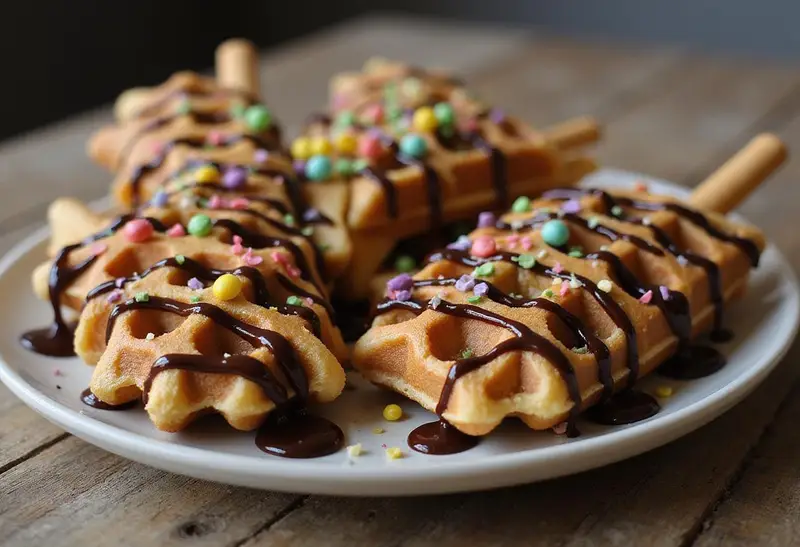 Final presentation of Harry Potter Whomping Willow Waffle Sticks, showcasing the delicious dessert with chocolate and toppings for a delightful serving.