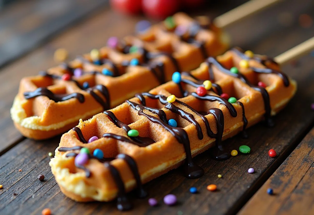 Final presentation of Harry Potter Whomping Willow Waffle Sticks, showcasing the delicious dessert with chocolate and toppings for a delightful serving.