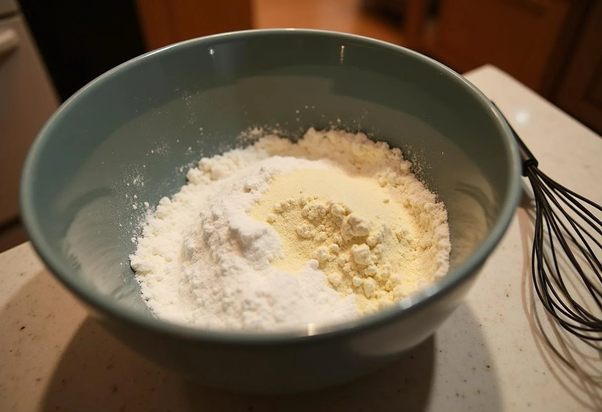Preparing the dry ingredients for Harry Potter Whomping Willow Waffle Sticks, including flour and sugar in a cozy kitchen setting.