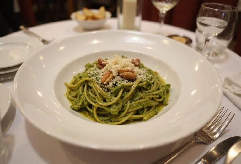The final presentation of House of Gucci Lady Gaga's Patrizia's Power Pesto Pasta, showcasing the vibrant green pesto and garnishes on a pristine plate.