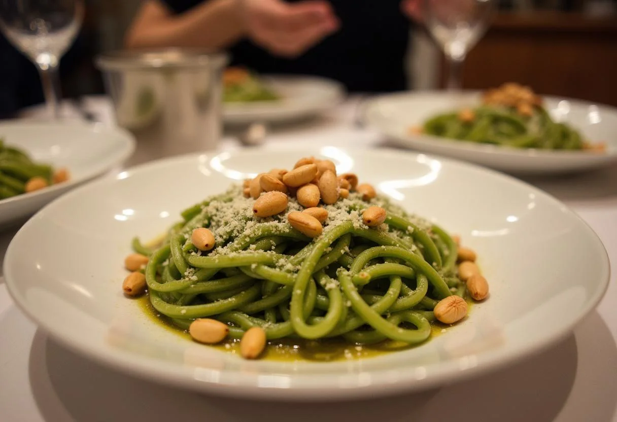 The final presentation of House of Gucci Lady Gaga's Patrizia's Power Pesto Pasta, showcasing the vibrant green pesto and garnishes on a pristine plate.