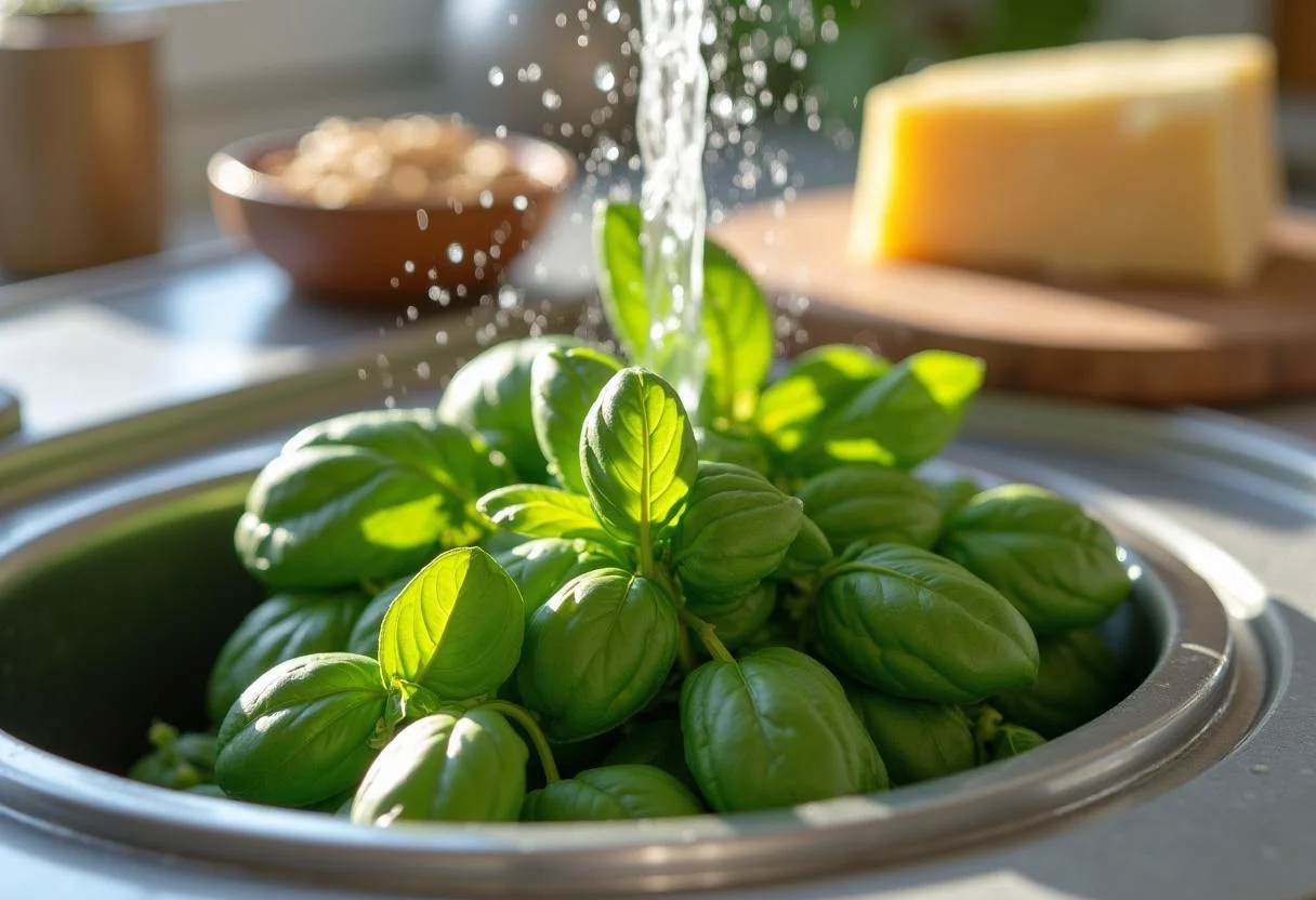 Fresh basil leaves for House of Gucci Lady Gaga's Patrizia's Power Pesto Pasta, capturing the fresh ingredients and vibrant colors.