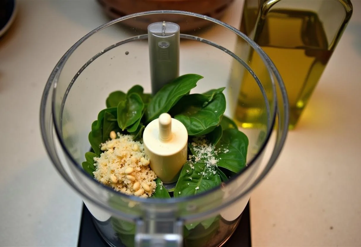 Preparing ingredients in a food processor for House of Gucci Lady Gaga's Patrizia's Power Pesto Pasta, showing vibrant colors and fresh ingredients.