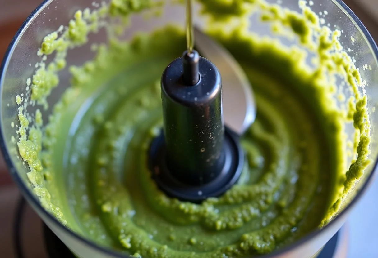 Blending the fresh pesto for House of Gucci Lady Gaga's Patrizia's Power Pesto Pasta, emphasizing the vibrant green color of the mixture.