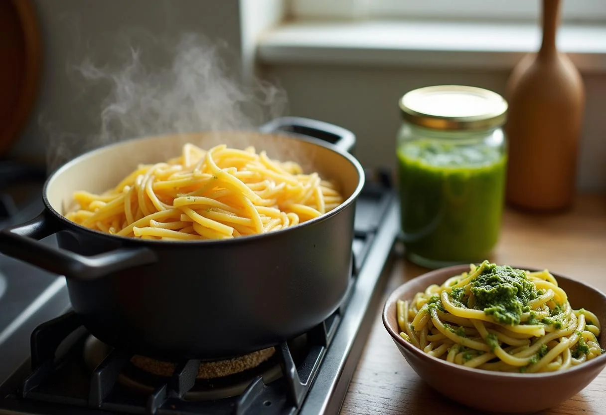 Cooking the pasta for House of Gucci Lady Gaga's Patrizia's Power Pesto Pasta, showing the boiling process and the anticipation of flavors.