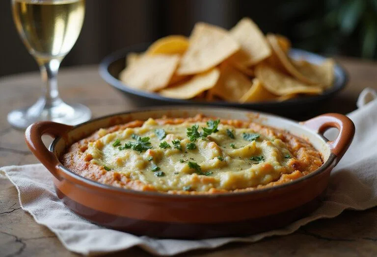 Final presentation of How I Met Your Mother Lily Aldrin's Artichoke Dip served with tortilla chips at a rustic table.