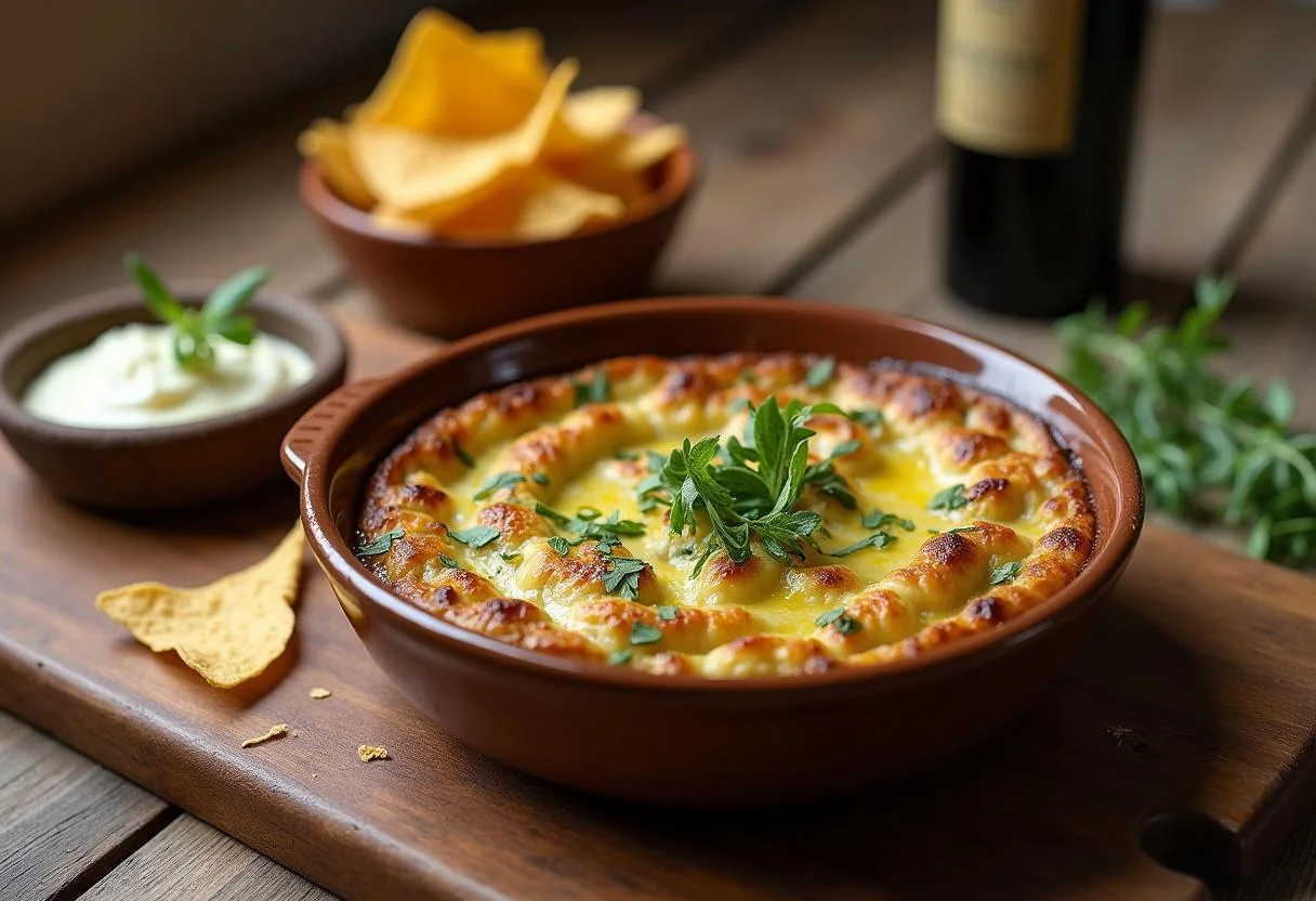 Final presentation of How I Met Your Mother Lily Aldrin's Artichoke Dip served with tortilla chips at a rustic table.