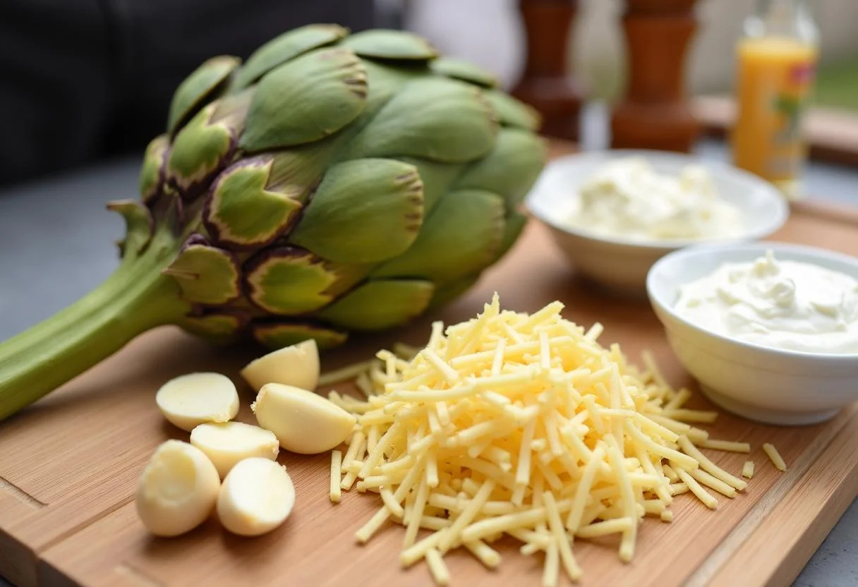 Fresh artichokes and ingredients for How I Met Your Mother Lily Aldrin's Artichoke Dip on a wooden cutting board.