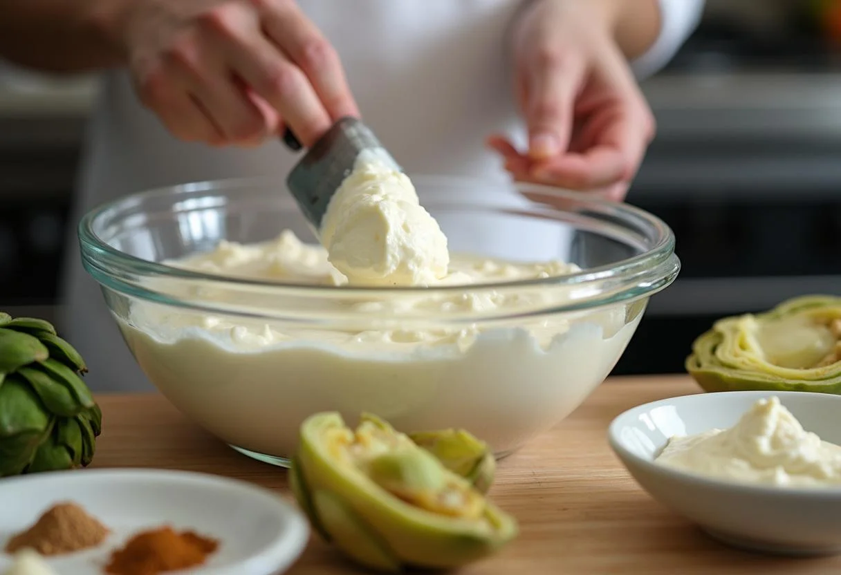 Mixing cream cheese and sour cream for How I Met Your Mother Lily Aldrin's Artichoke Dip with artichokes in the background.