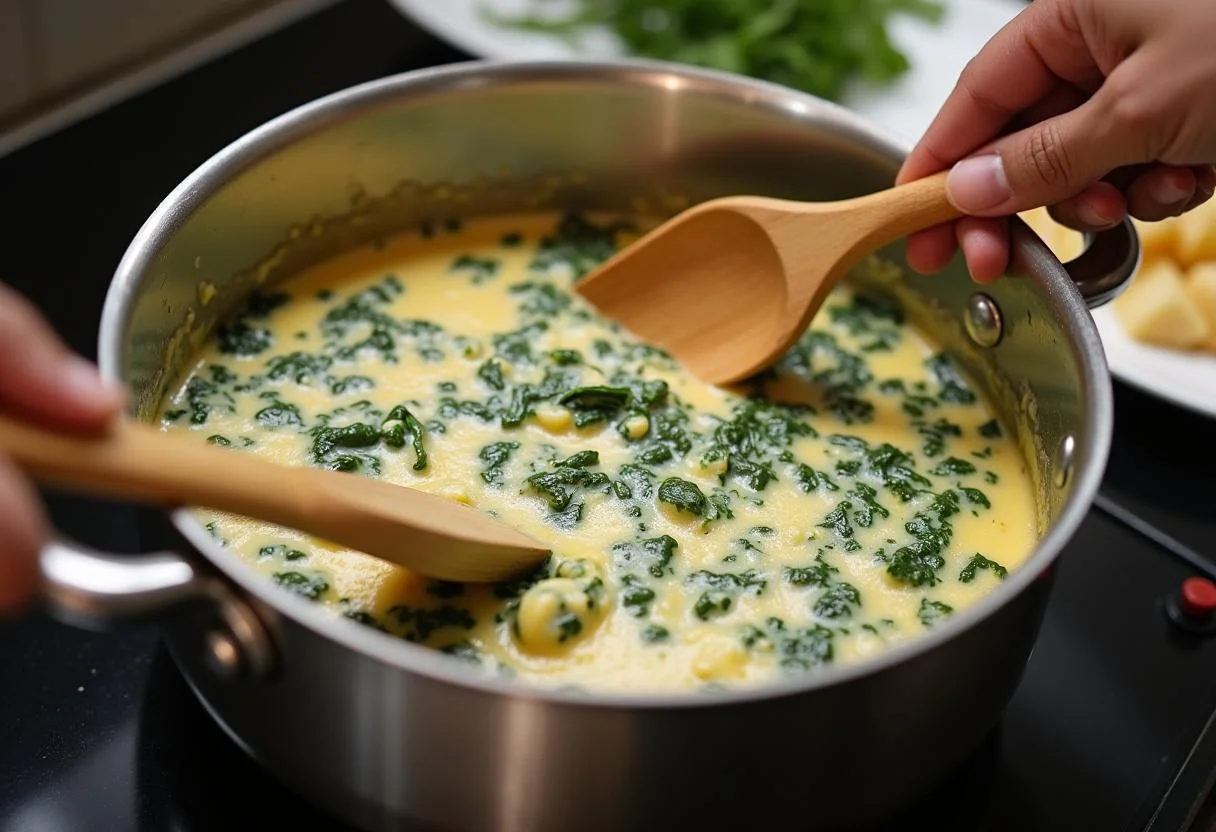 Cheese and spinach melting on the stove to create How I Met Your Mother Lily Aldrin's Artichoke Dip.
