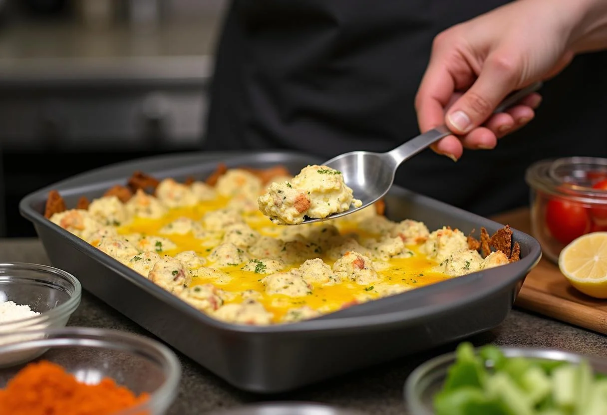 Spreading artichoke dip into a baking dish for How I Met Your Mother Lily Aldrin's Artichoke Dip.
