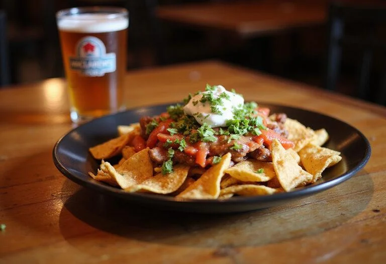 Delicious MacLaren's Pub Nachos served with beer, showcasing a mouthwatering pub dish ready to enjoy.