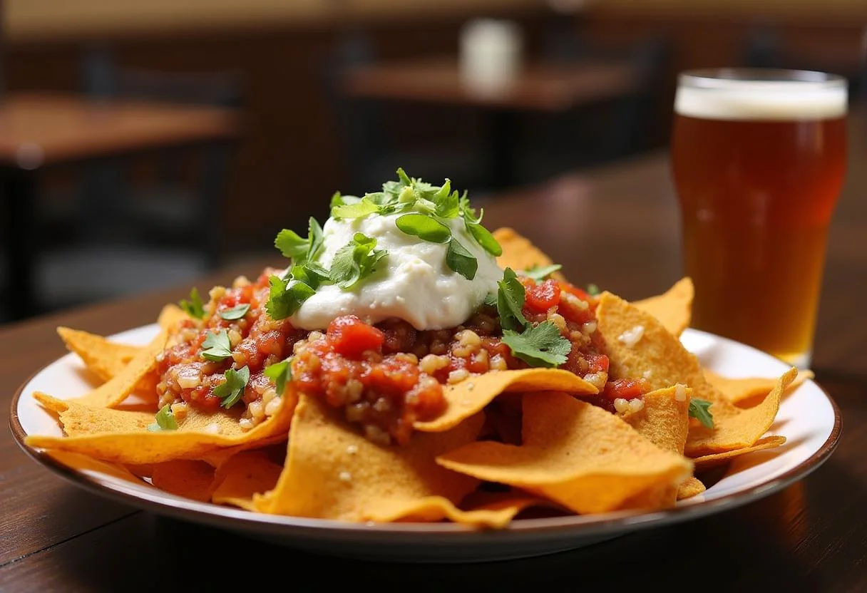 Delicious MacLaren's Pub Nachos served with beer, showcasing a mouthwatering pub dish ready to enjoy.