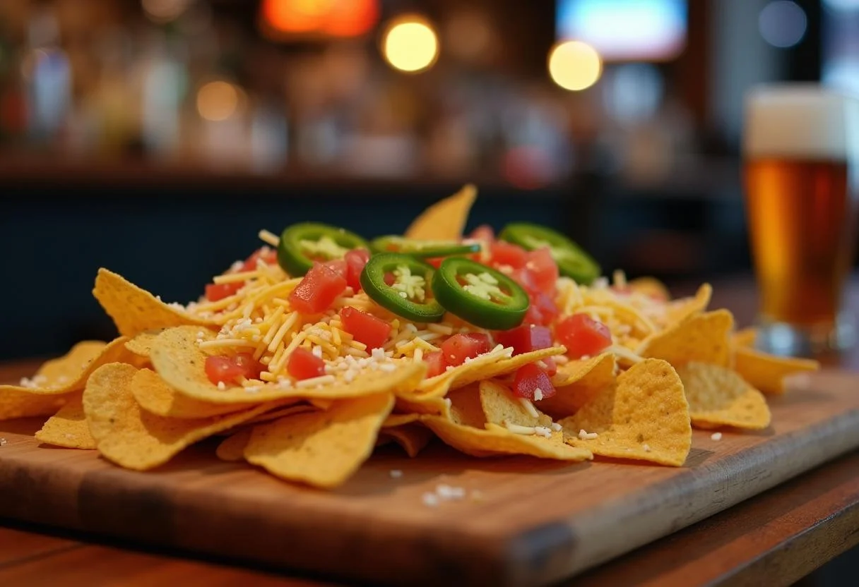 MacLaren's Pub Nachos ingredients preparation with tortilla chips, cheese, jalapeños, and tomatoes in a warm pub setting.