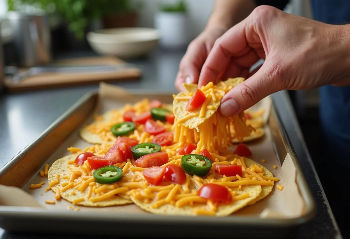 Layering MacLaren's Pub Nachos with cheese, tomatoes, and jalapeños on a baking tray in a lively kitchen.