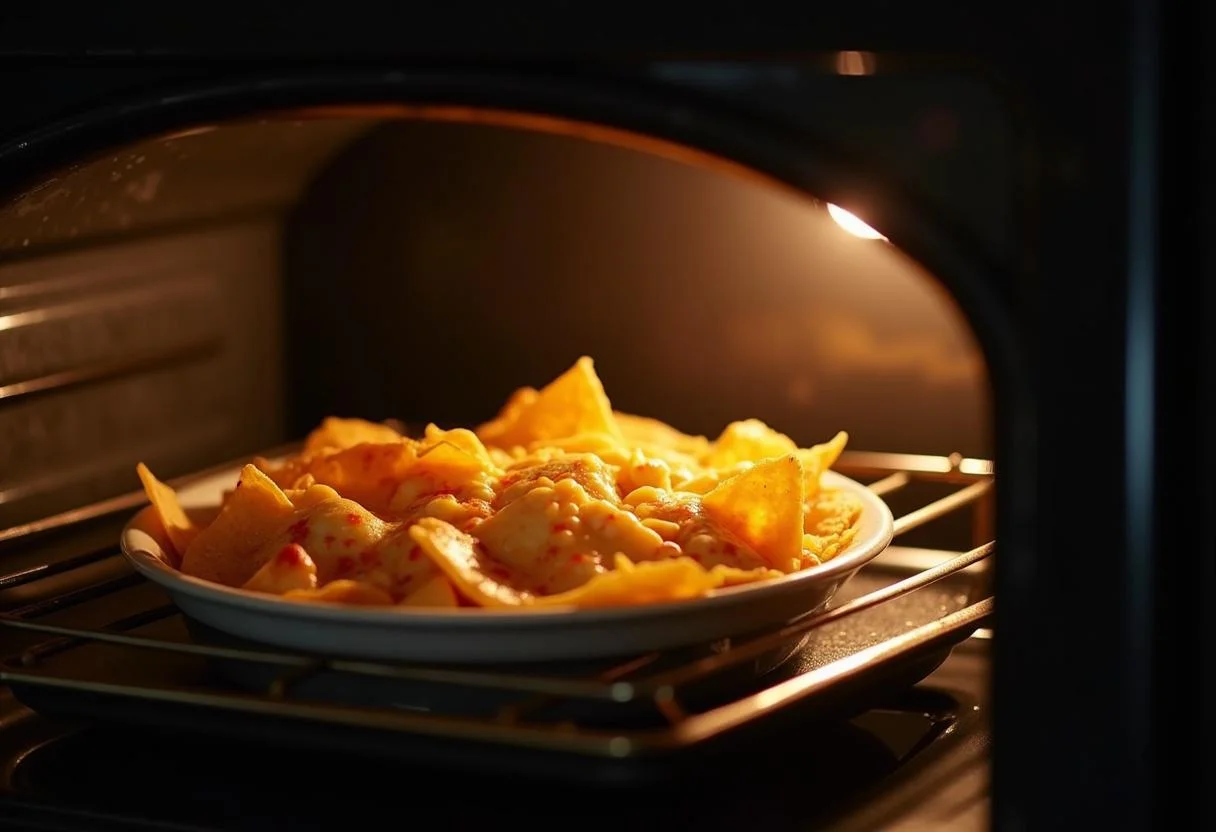 Baking MacLaren's Pub Nachos in the oven with bubbling cheese, showcasing a delicious and inviting cooking experience.