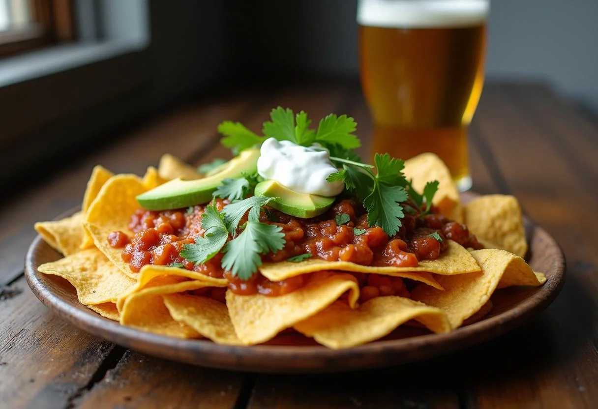 Serving MacLaren's Pub Nachos on a platter with sour cream and avocado, creating an inviting pub-style snack presentation.