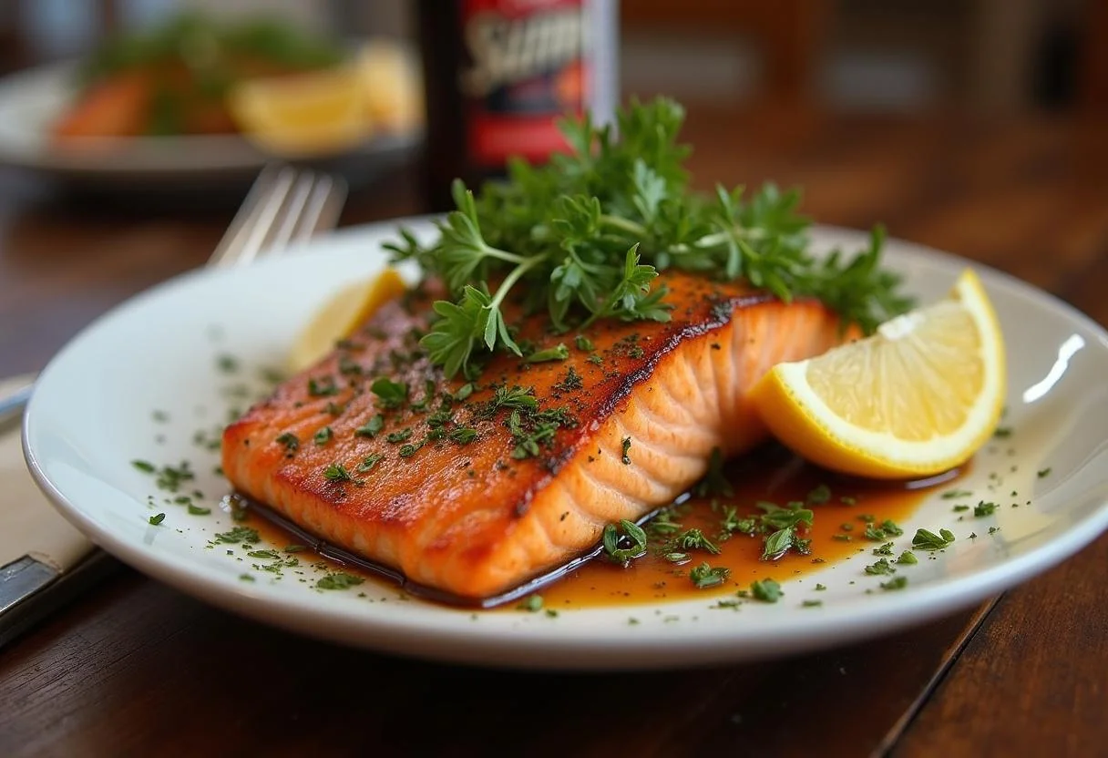 Finished plate of Robin Scherbatsky's Canadian Maple Salmon, showcasing a delicious and visually appealing meal inspired by How I Met Your Mother.