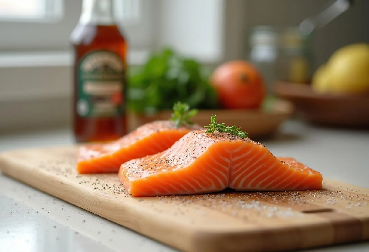 Fresh salmon fillet seasoned with salt and pepper, ready for cooking How I Met Your Mother Robin Scherbatsky's Canadian Maple Salmon.