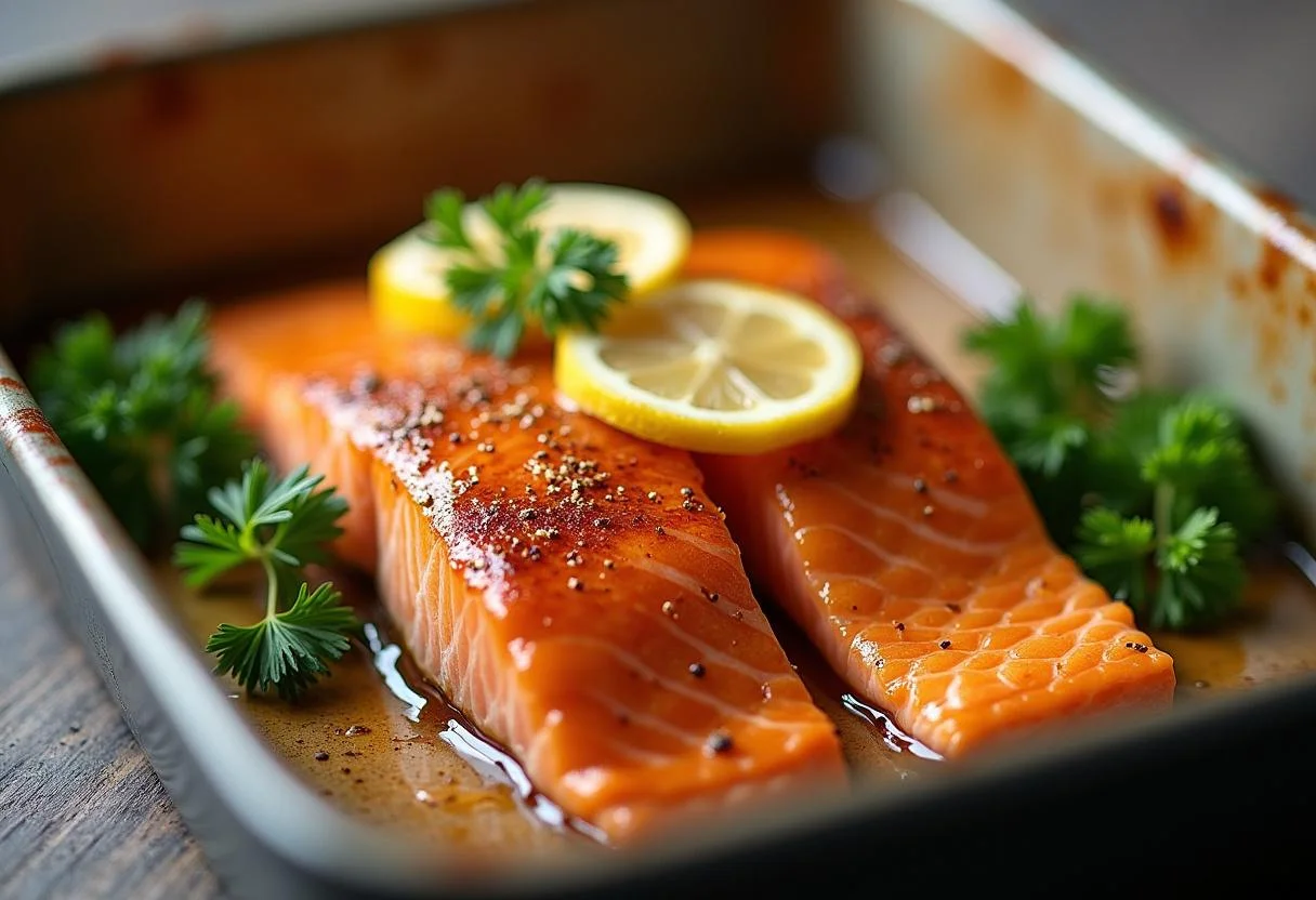 Salmon fillet covered in maple marinade and garnished with lemon slices, preparing for baking in How I Met Your Mother Robin Scherbatsky's Canadian Maple Salmon recipe.