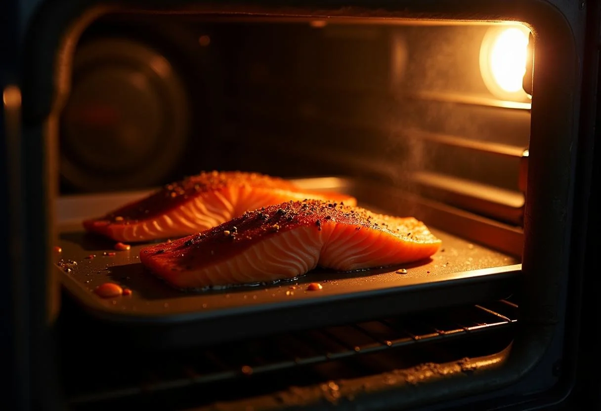 Salmon baking in the oven, infusing the kitchen with delightful smells while making Canadian Maple Salmon from How I Met Your Mother.