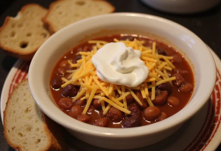 Final presentation of How I Met Your Mother Slap Bet Chili, showcasing a hearty dish garnished with cheese and sour cream.