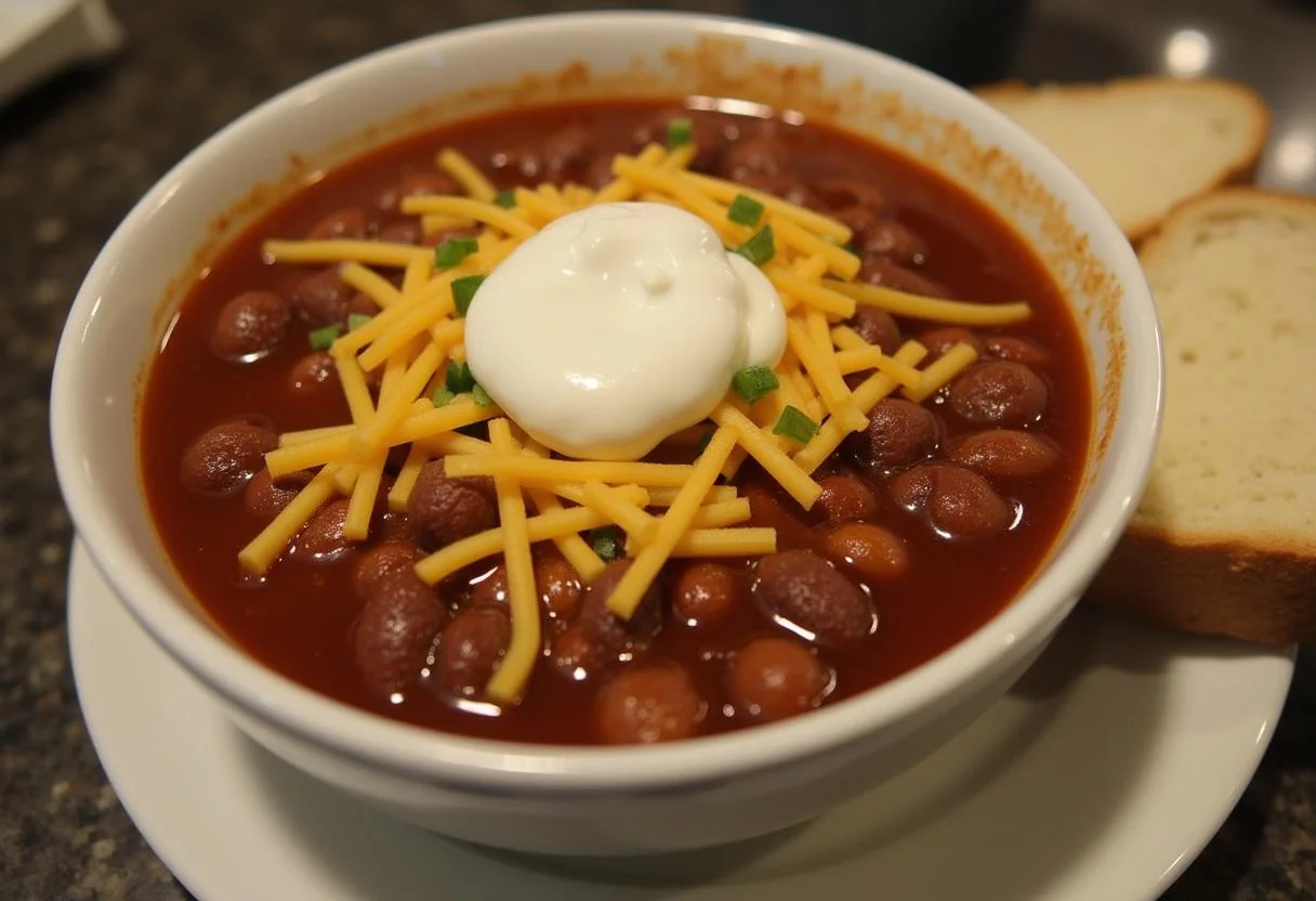 Final presentation of How I Met Your Mother Slap Bet Chili, showcasing a hearty dish garnished with cheese and sour cream.