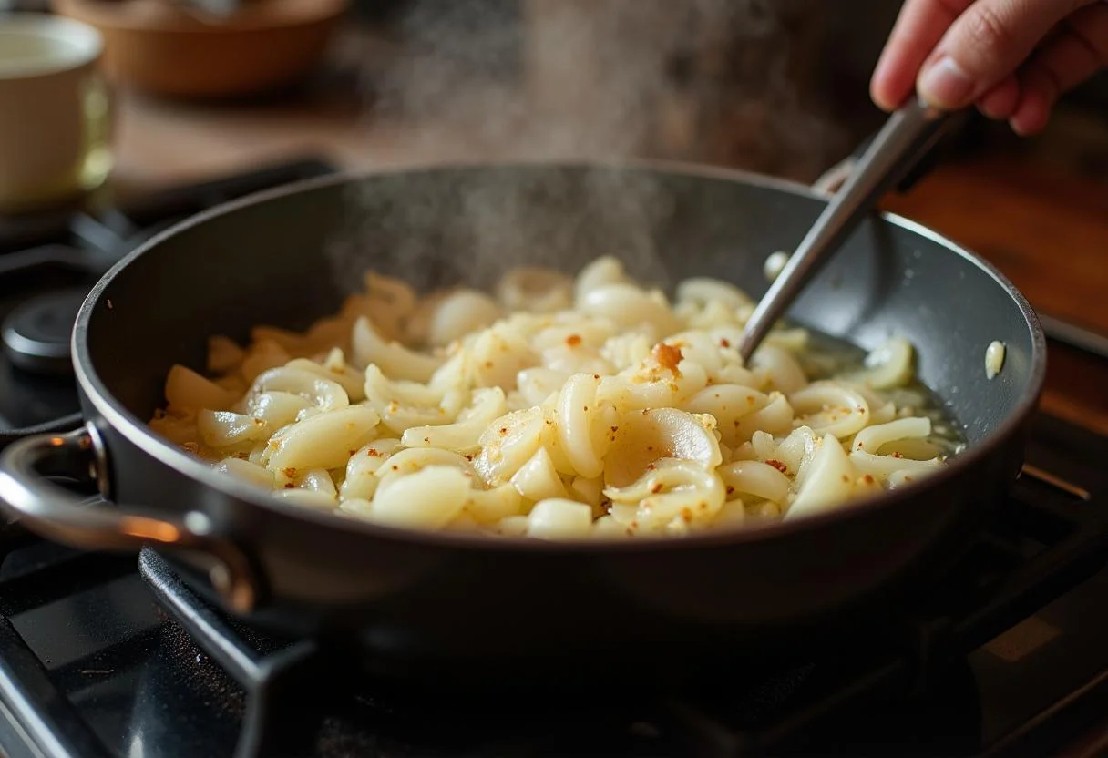 Sautéing onions and garlic for How I Met Your Mother Slap Bet Chili, creating a flavorful base.