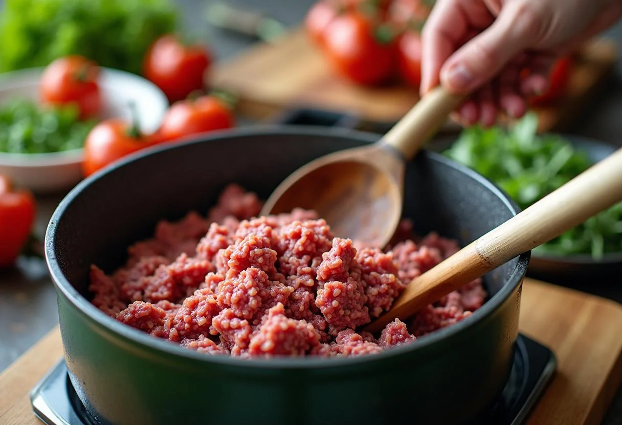 Browning ground beef for How I Met Your Mother Slap Bet Chili alongside fresh vegetables, building delicious flavors.