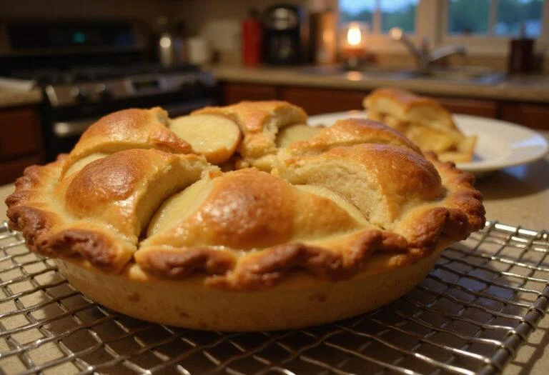 Delicious finished apple pie from How I Met Your Mother Ted Mosby's Architect's Apple Pie recipe, showcasing a golden-brown crust and inviting kitchen scenery.