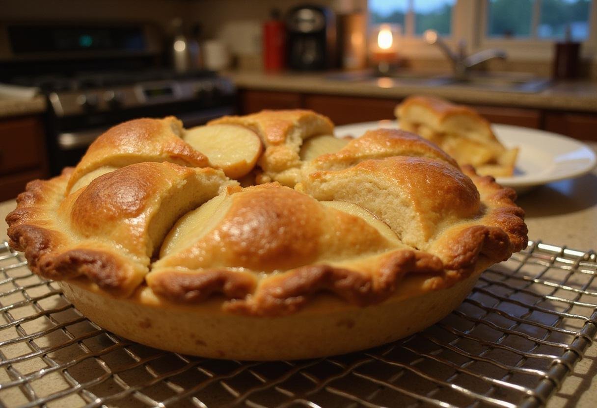 Delicious finished apple pie from How I Met Your Mother Ted Mosby's Architect's Apple Pie recipe, showcasing a golden-brown crust and inviting kitchen scenery.