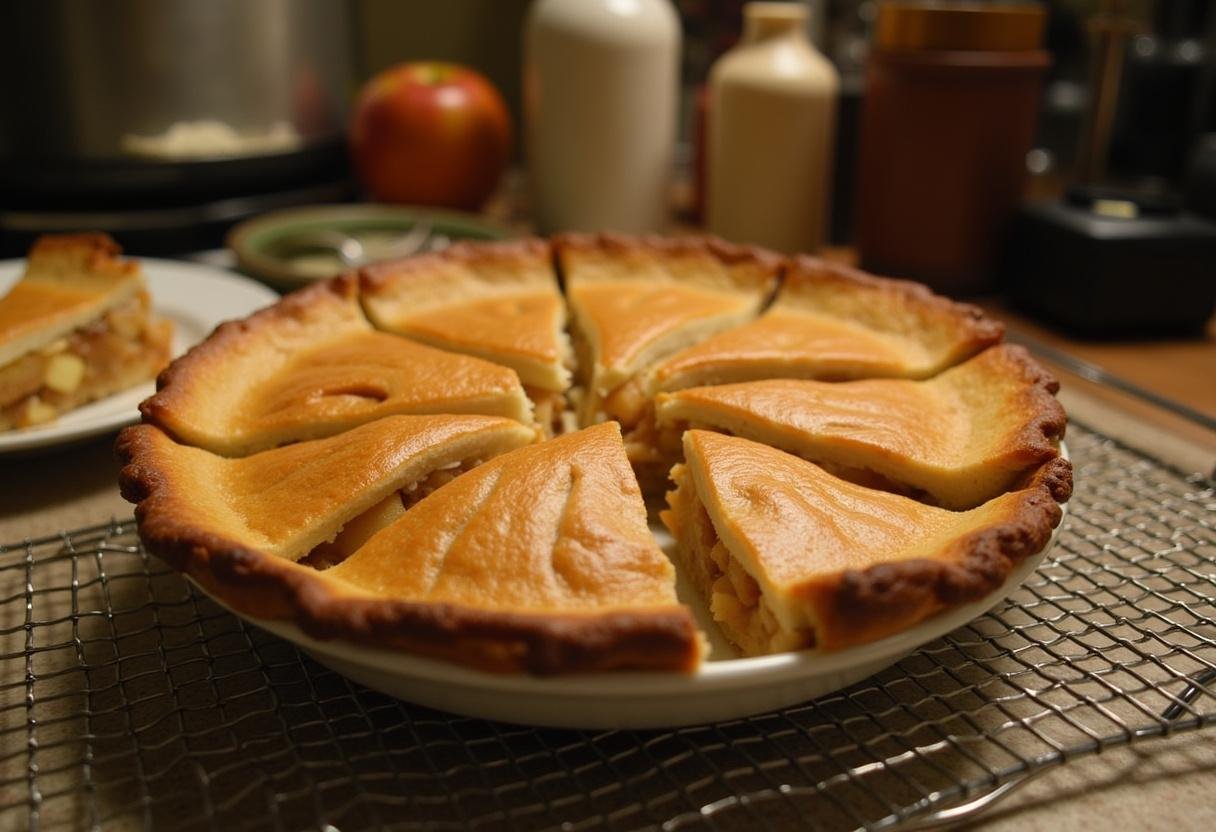Delicious finished apple pie from How I Met Your Mother Ted Mosby's Architect's Apple Pie recipe, showcasing a golden-brown crust and inviting kitchen scenery.
