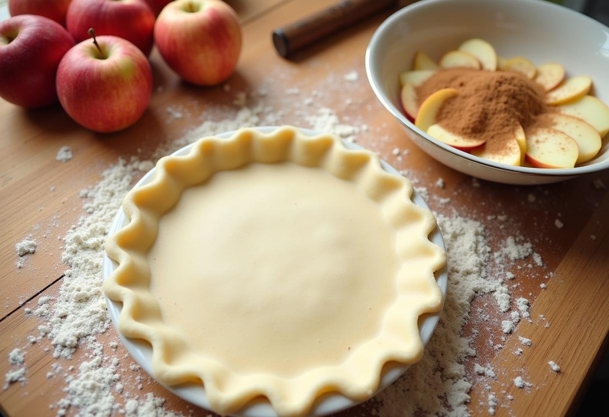 Apple pie preparation inspired by How I Met Your Mother Ted Mosby's Architect's Apple Pie, featuring a pie crust and ingredients like sliced apples, sugar, and cinnamon.