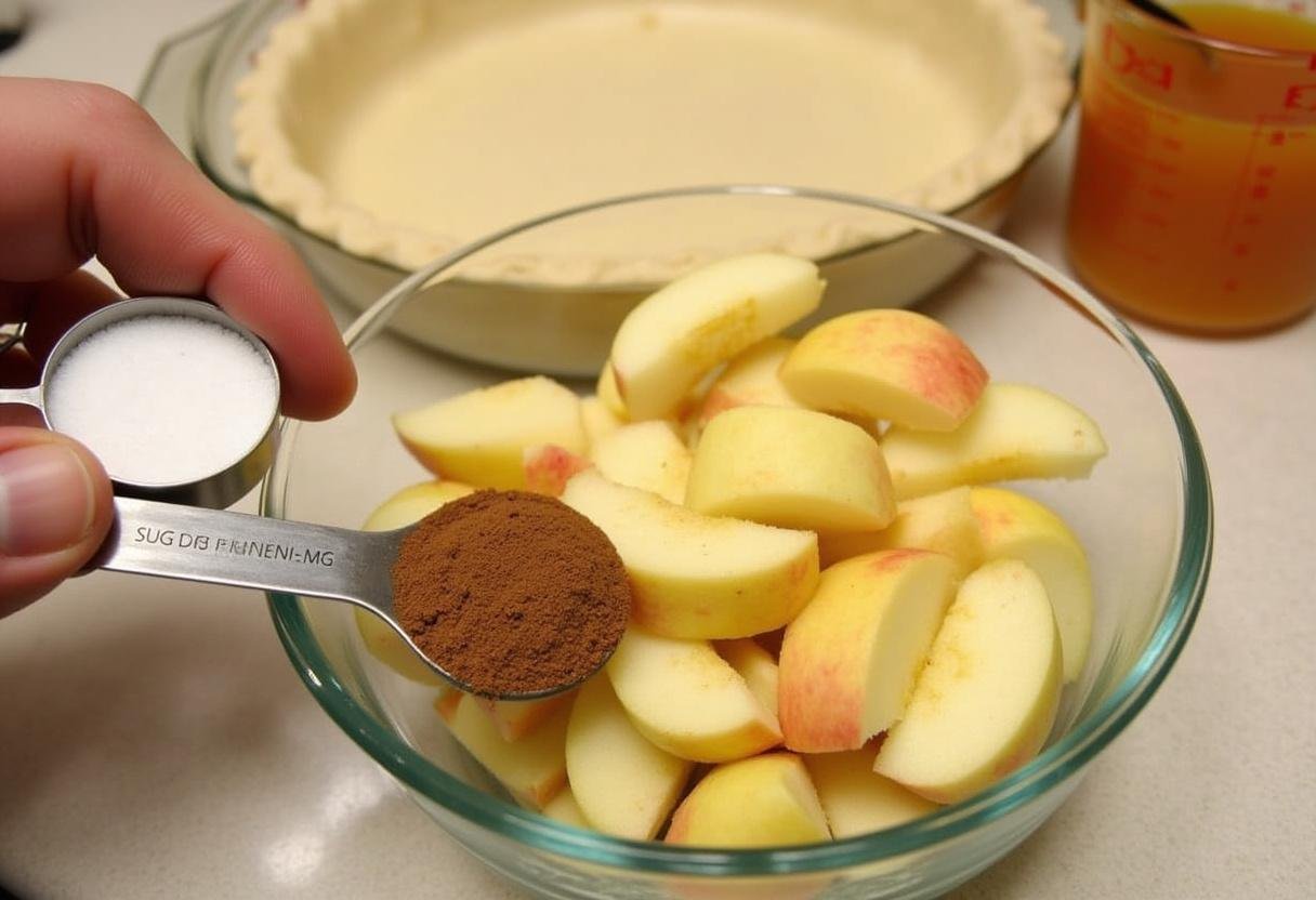 Step-by-step process of creating How I Met Your Mother Ted Mosby's Architect's Apple Pie, highlighting apple filling preparation with sugar, cinnamon, and apple juice.