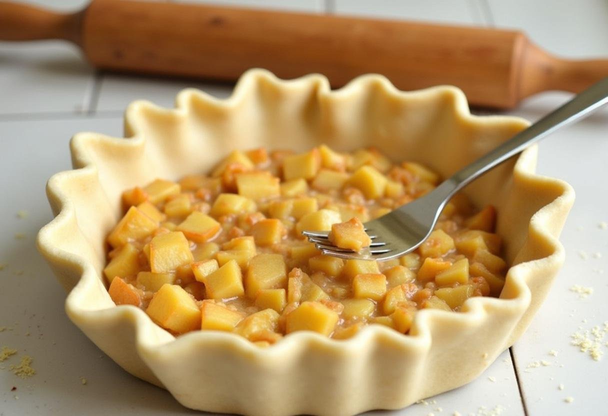 Making an apple pie inspired by How I Met Your Mother Ted Mosby's Architect's Apple Pie, with the apple filling placed in the crust and decorative crimping done around the edges.