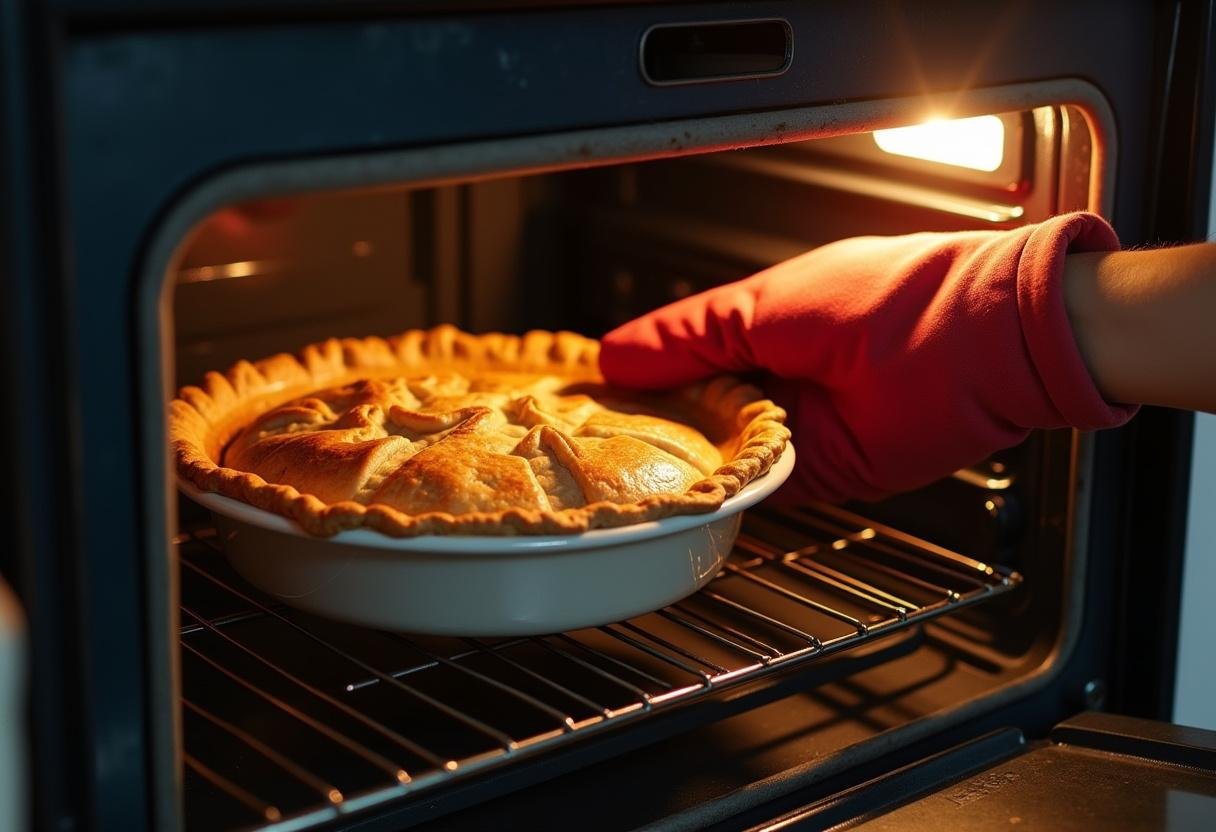 Baking process for How I Met Your Mother Ted Mosby's Architect's Apple Pie, showcasing the pie going into the oven in a cozy kitchen environment.