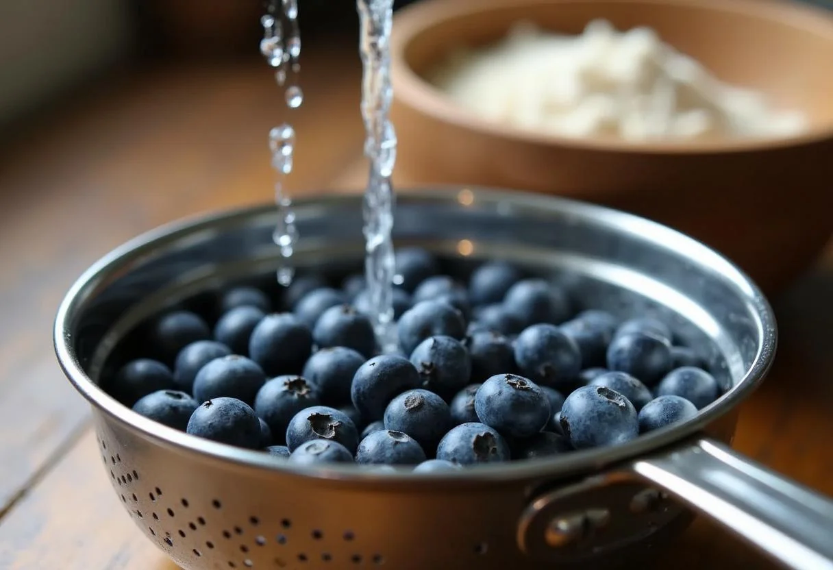 Fresh blueberries being rinsed for How I Met Your Mother The Blue French Horn Blueberry Muffins, showcasing key ingredients for baking.