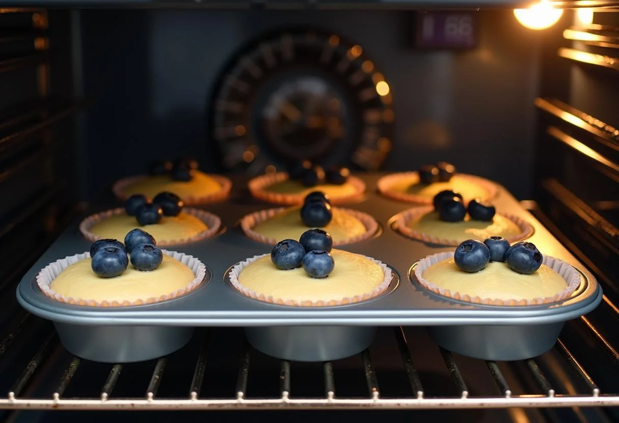 Pouring blueberry muffin batter into the tin for How I Met Your Mother The Blue French Horn Blueberry Muffins, emphasizing the preparation just before baking.
