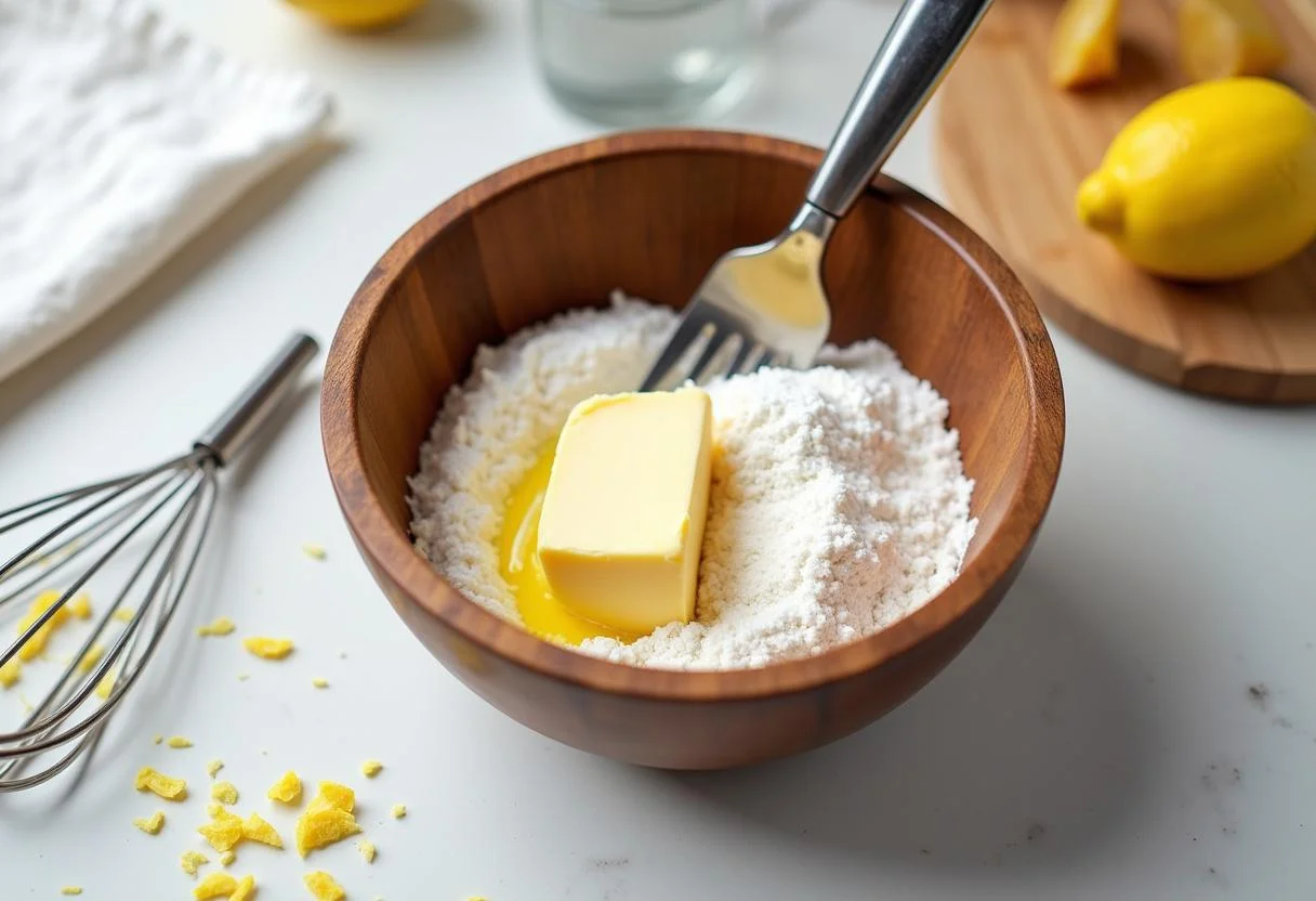 Mixing ingredients for How I Met Your Mother The Yellow Umbrella Lemon Bars with flour, sugar, and butter for a perfect crust.