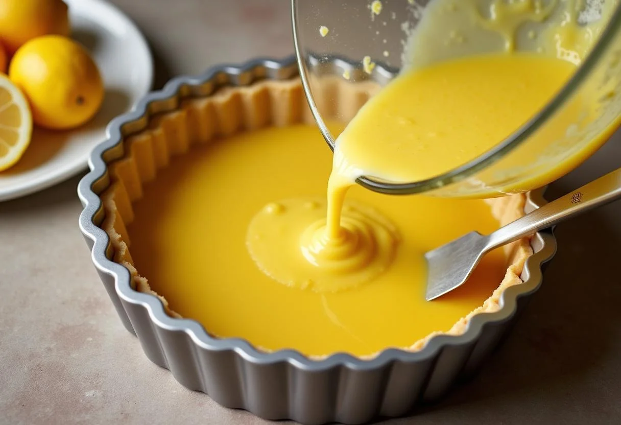 Pouring a zesty lemon filling for How I Met Your Mother The Yellow Umbrella Lemon Bars into the pre-baked crust, creating a delicious treat.