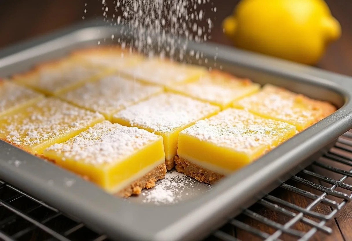 Cooling freshly made How I Met Your Mother The Yellow Umbrella Lemon Bars, topped with powdered sugar and ready for cutting.