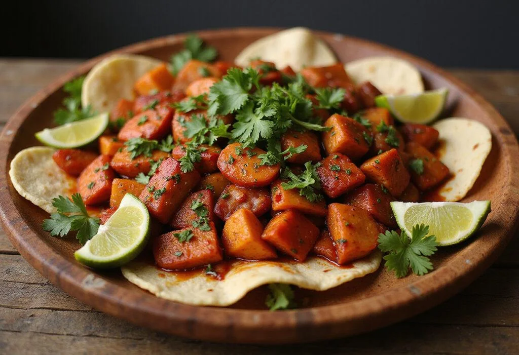 Final presentation of Hunger Games Caesar Flickerman's Flaming Fajitas, beautifully arranged on a platter with vibrant ingredients, ready to serve.