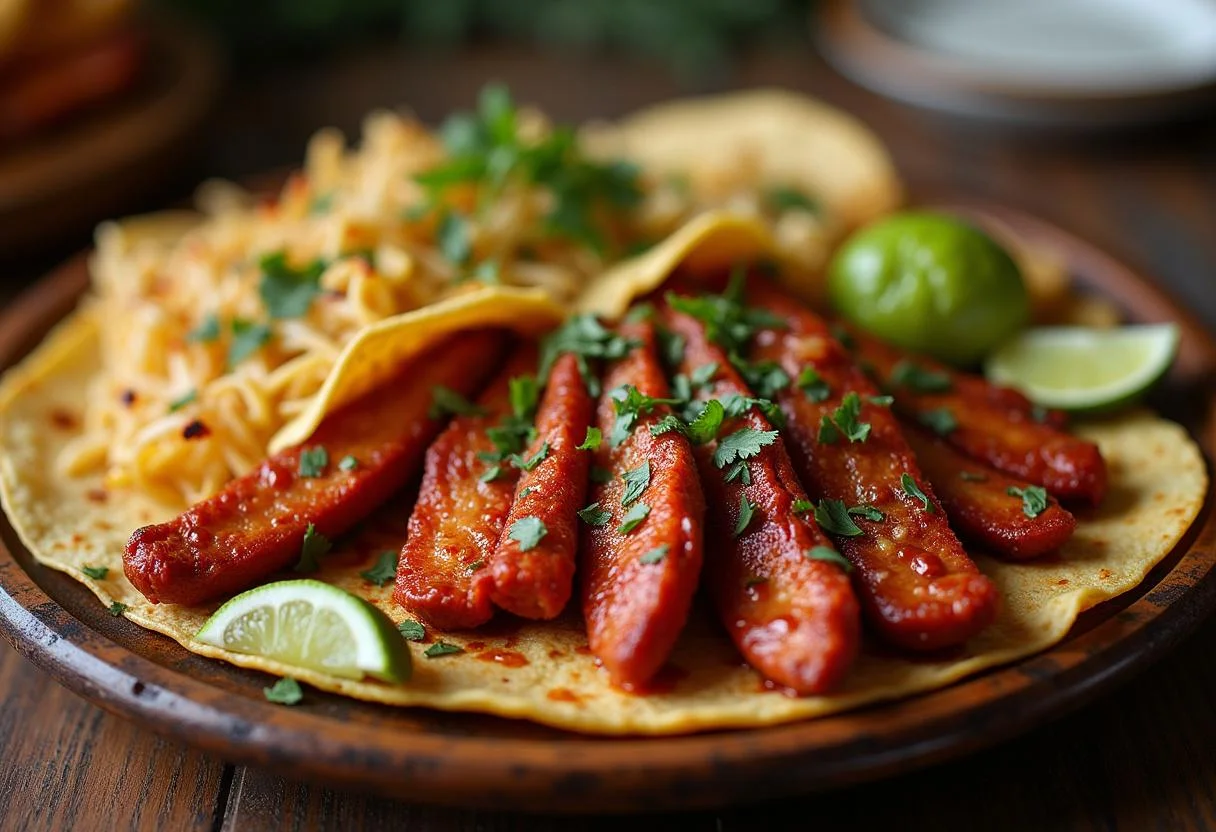 Final presentation of Hunger Games Caesar Flickerman's Flaming Fajitas, beautifully arranged on a platter with vibrant ingredients, ready to serve.