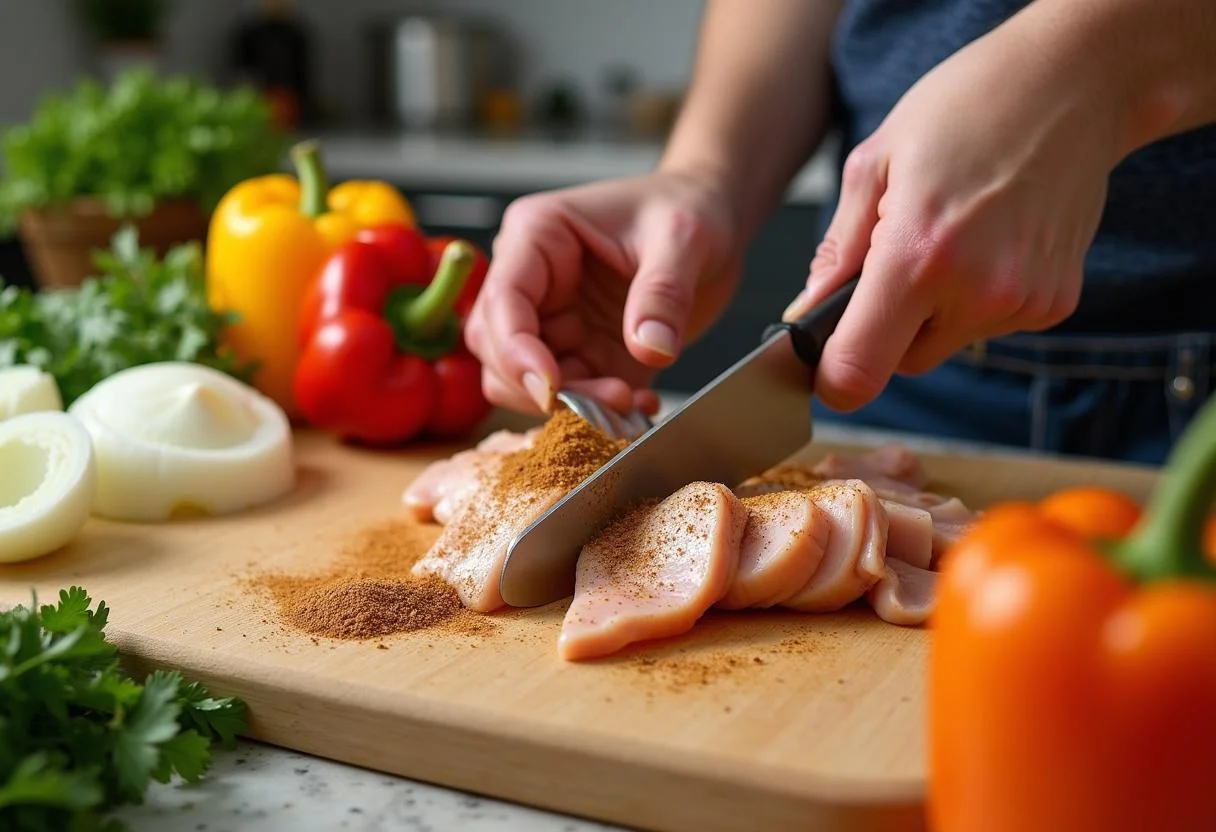 Hunger Games Caesar Flickerman's Flaming Fajitas preparation with fresh bell peppers and chicken, bringing vibrant colors and freshness to the kitchen.