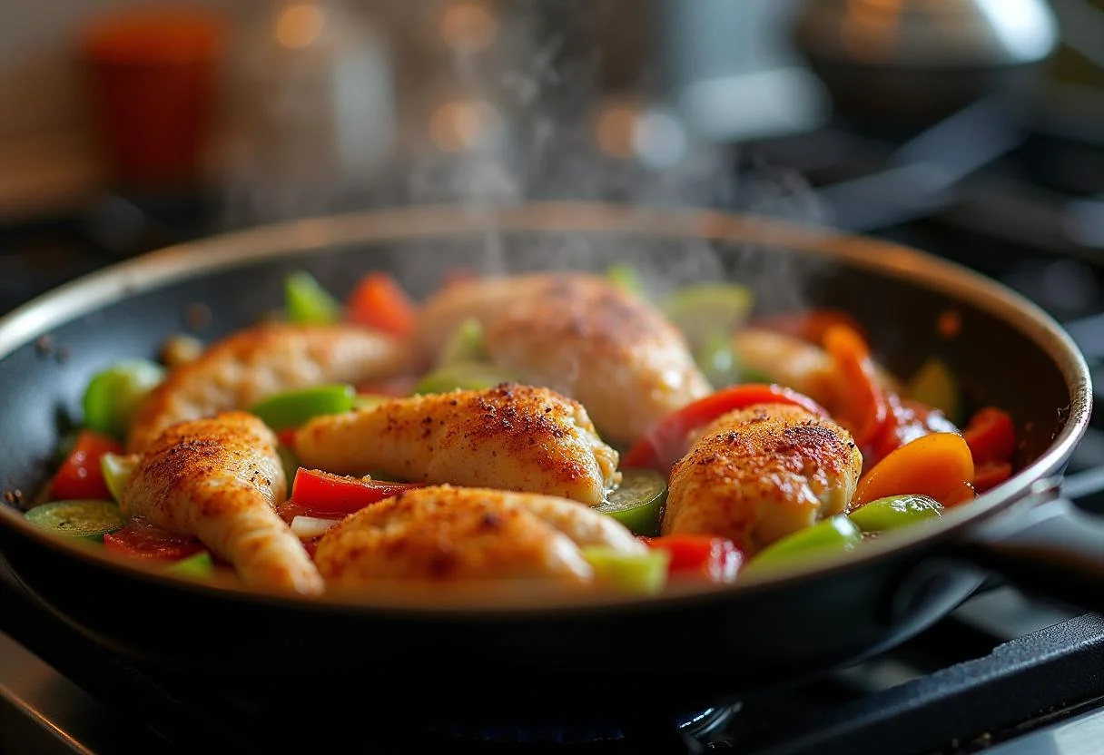 Cooking seasoned chicken and vegetables for Hunger Games Caesar Flickerman's Flaming Fajitas, capturing the sizzling action and rich flavors melding together.