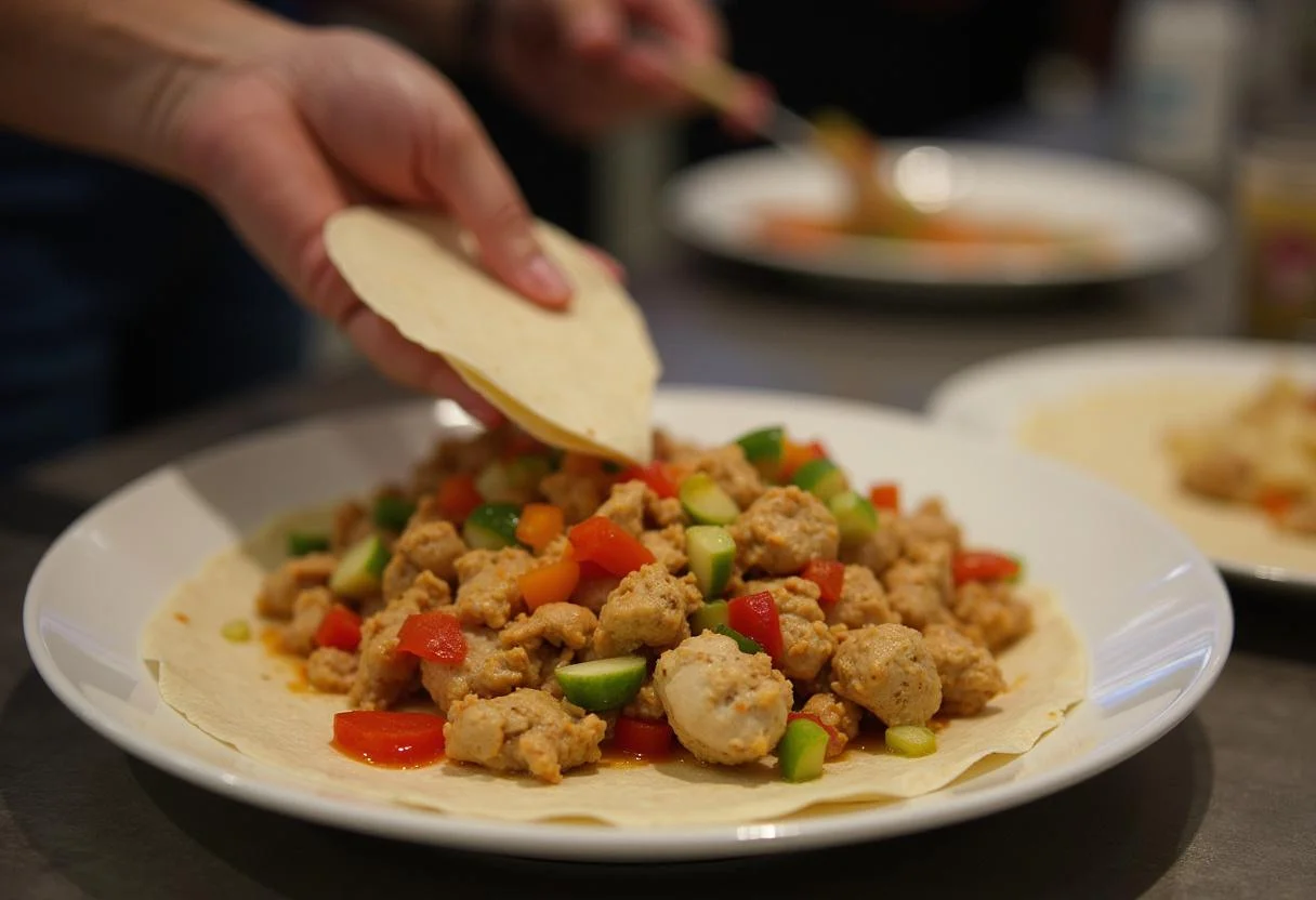 Preparing to assemble Hunger Games Caesar Flickerman's Flaming Fajitas with a colorful mix of cooked ingredients and warm tortillas ready for filling.
