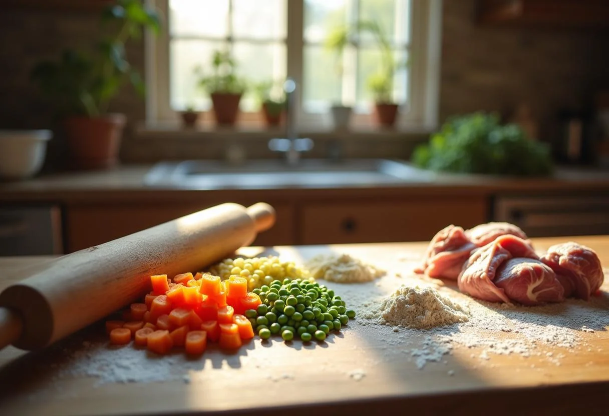 Fresh ingredients for Hunger Games Gale's Trapper's Pot Pie, including vegetables and meat laid out on a rustic kitchen counter