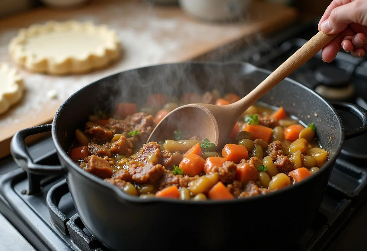 Cooking the filling for Hunger Games Gale's Trapper's Pot Pie in a pot on the stove, highlighting the savory mixture of meat and vegetables
