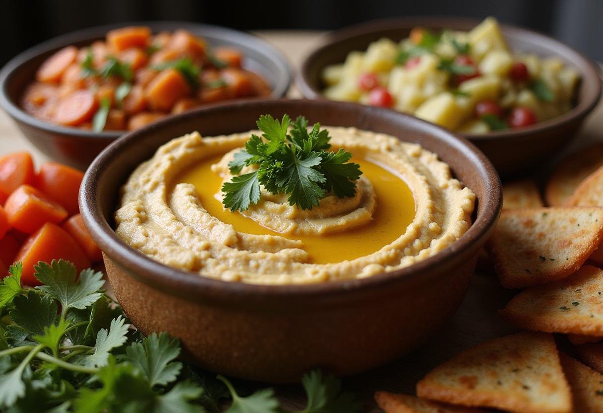 Delicious Hunger Games Haymitch's Hoax Hummus served in an elegant bowl, perfect for gatherings and displaying its vibrant flavors.